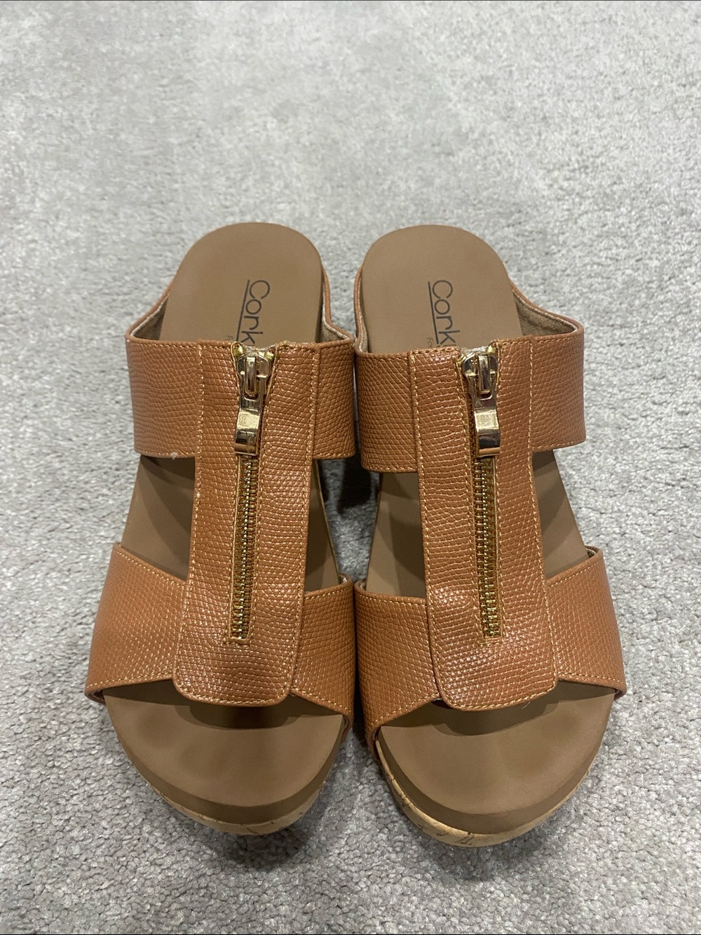 Corkys Cognac Zip-Front Slide Sandals